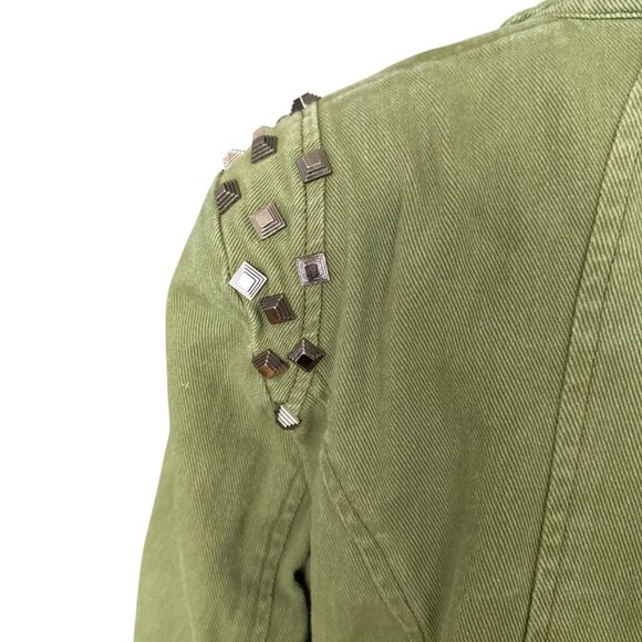 Green Studded Moto Jacket With Asymmetrical Zipper Womens M Cotton Blend Edgy De - Picture 7 of 9